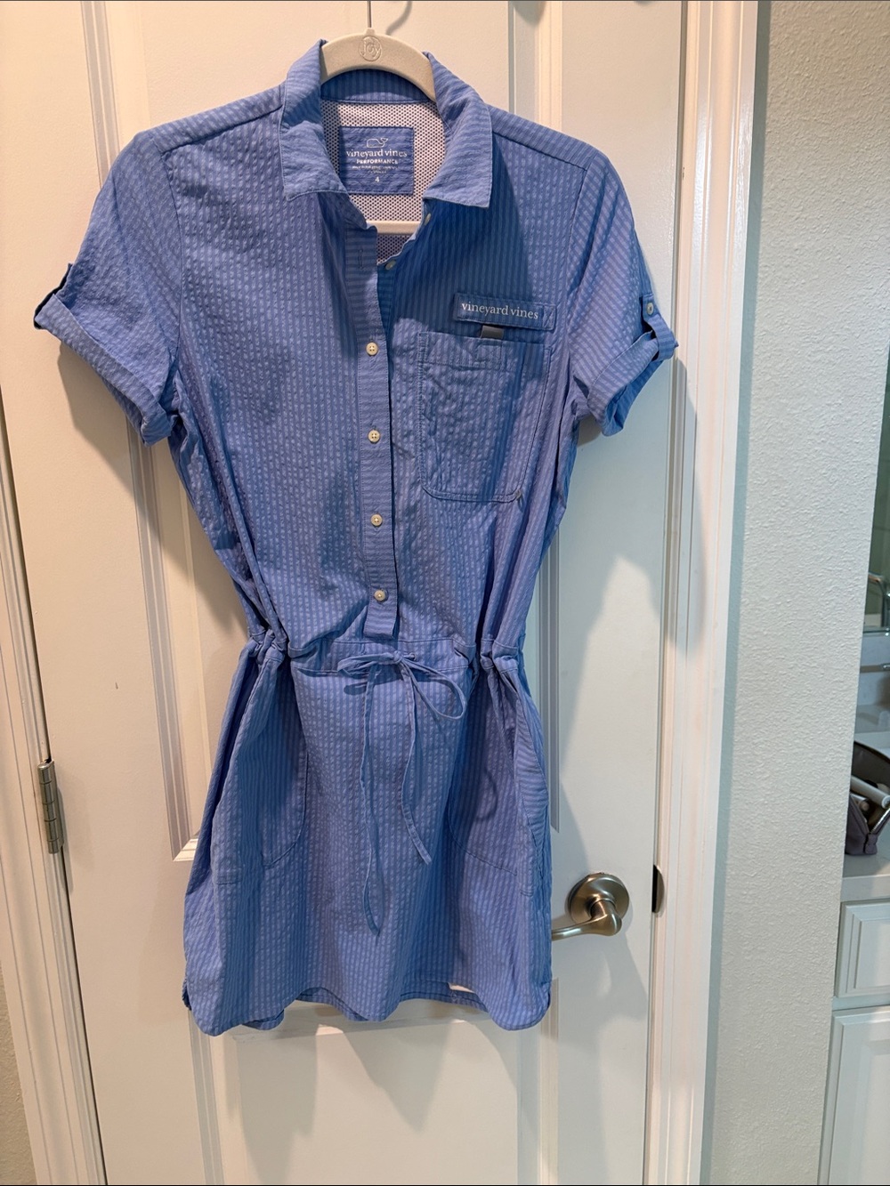 Vineyard Vines Light Blue Button-Up Tie-Waist Shirt Dress